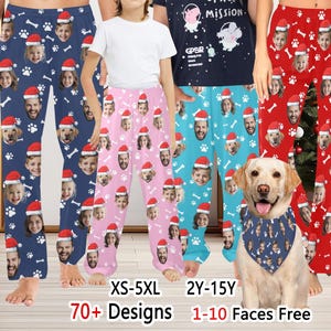 May include: Three pairs of pajamas with a variety of colorful patterns featuring faces of people. The pajamas are available in sizes XS-5XL and 2Y-15Y. The text "70+ Designs 1-10 Faces Free" is at the bottom of the image.