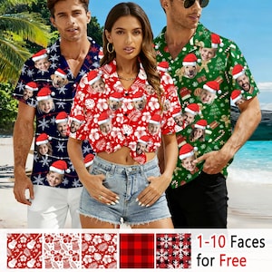 May include: Three short-sleeved button-down shirts with custom face prints and Christmas-themed patterns. The shirts are navy blue with snowflakes, red with floral designs, and green with gingerbread men. The text "1-10 Faces for Free" is visible.