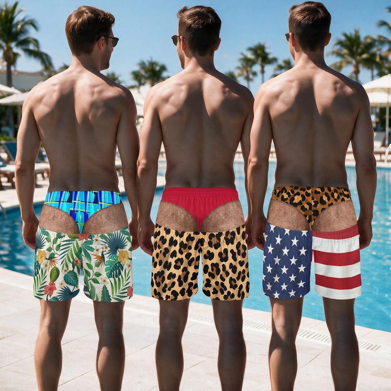 May include: Three pairs of swimming trunks featuring distinct patterns. The first has a blue geometric print, the second a leopard print, and the third a stars and stripes design. Each pair includes a contrasting solid-coloured thong-style waistband.