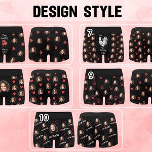 K&ouml;nnte beinhalten: Zehn verschiedene Designs f&uuml;r Boxershorts mit verschiedenen Mustern und Texten. Die Designs beinhalten Herzen, Lippen, einen Hahn und die Texte "I'm nuts about you" und "This belongs to me".