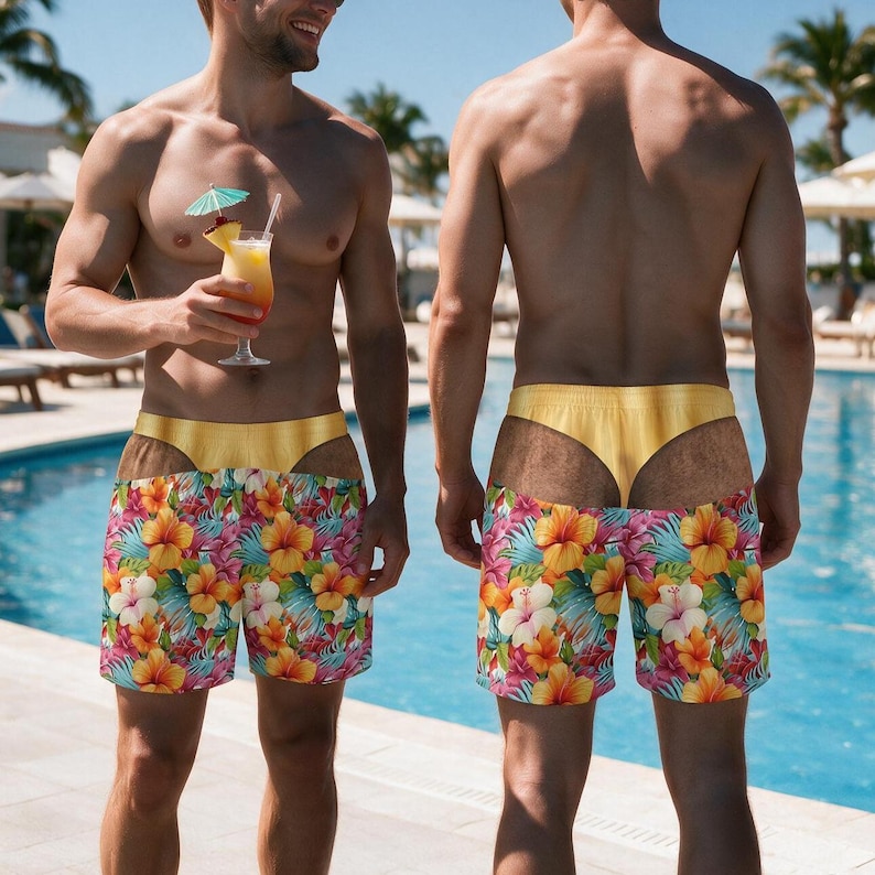May include: Two pairs of swim trunks featuring a vibrant tropical floral print with yellow, pink, and orange hibiscus flowers and green leaves. The trunks have a solid yellow waistband and a unique cut-out design that exposes the upper thigh and hip area.