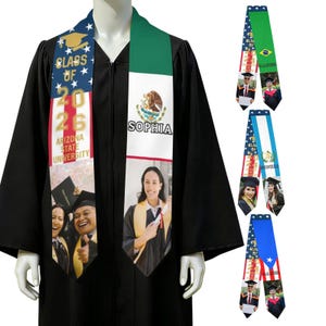 Personalized Mixed Two Flag Grad Stole, Custom Graduation Sash Class of 2026 Grad Stole w Photo Double Flag Sash Graduation Gift for Her Him