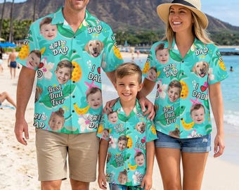 Best Dad Ever Hawaiian Shirts for Men Women Kids, Custom Tropical Aloha Shirt with Faces, Personalized Fathers Day Gifts