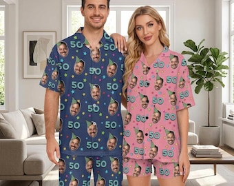 Personalized Birthday Pajama Sets, Custom Face Sleepwear for Men Women, Matching Family Pjs