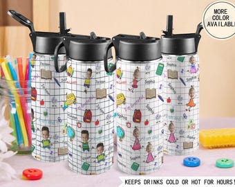 Botella de agua con foto personalizada, tapa con pajita y asa, 18 oz, botella con foto y nombre personalizado para niños, regalo de regreso a clases para niños y niñas.