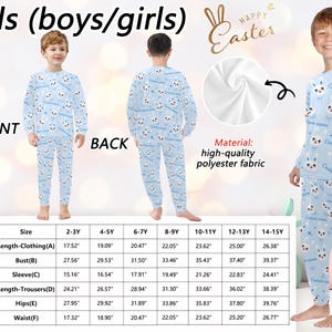 Puede incluir: Conjunto de pijama azul claro para ni&ntilde;os con un patr&oacute;n repetido de caras de conejos blancos y el texto "Custom name". La parte superior de manga larga y los pantalones est&aacute;n hechos de tela de poli&eacute;ster de alta calidad. Tabla de tallas en pulgadas.