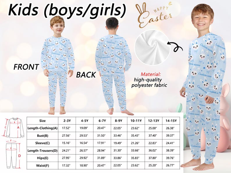 Puede incluir: Conjunto de pijama azul claro para ni&ntilde;os con un patr&oacute;n repetido de caras de conejos blancos y el texto "Custom name". La parte superior de manga larga y los pantalones est&aacute;n hechos de tela de poli&eacute;ster de alta calidad. Tabla de tallas en pulgadas.
