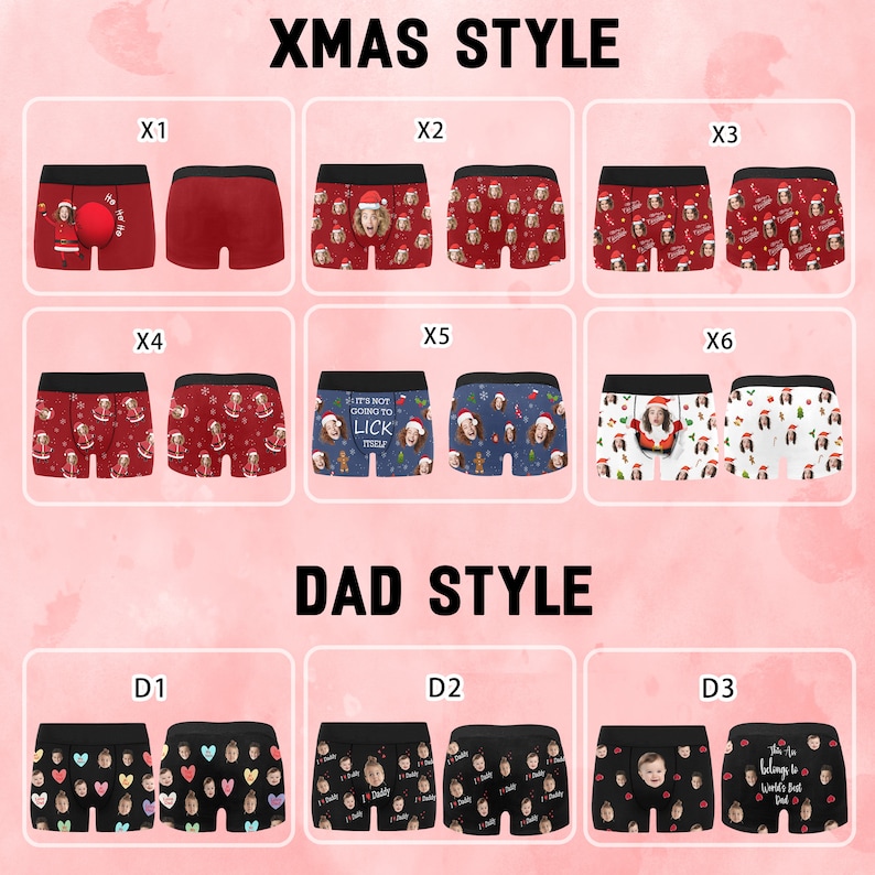 K&ouml;nnte beinhalten: Ein Set mit 9 Paar Boxershorts mit verschiedenen Weihnachts- und Papa-Designs. Die Designs beinhalten Weihnachtsm&uuml;tzen, Rentiere und den Text "It's not going to lick itself".