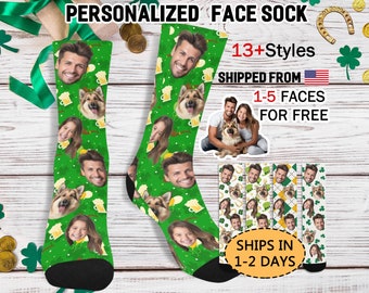 Custom St Patricks Day Socks, Custom Face Socks, Green Clover Socks, Funny Drinking Socks, Personalized St Patricks Day Gift