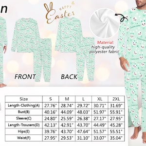 Puede incluir: Un conjunto de pijama verde claro con un patr&oacute;n repetido de caras de conejos blancos y el texto "Custom name". La parte superior de manga larga y los pantalones son de tejido de poli&eacute;ster de alta calidad. Medidas en pulgadas.