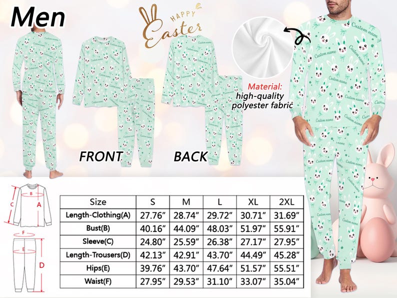 Puede incluir: Un conjunto de pijama verde claro con un patr&oacute;n repetido de caras de conejos blancos y el texto "Custom name". La parte superior de manga larga y los pantalones son de tejido de poli&eacute;ster de alta calidad. Medidas en pulgadas.