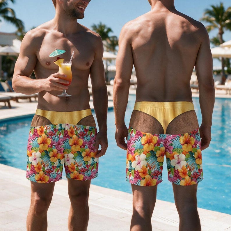 May include: Two pairs of swim shorts featuring a vibrant tropical floral print with yellow, pink, and orange hibiscus flowers and green leaves. The shorts have a solid yellow waistband and a unique cut-out design that exposes the upper thigh and hip area.