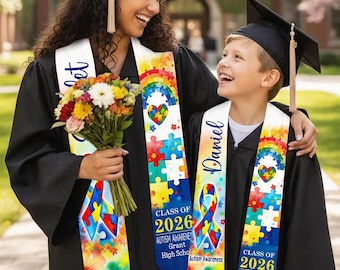 Custom Autism Theme Graduation Stole for Kids or Adults, Custom Name Class of 2026 Sash