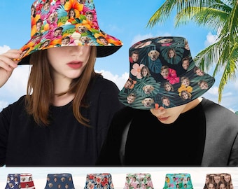Custom Face Bucket Hat, Hawaiian Summer Hat, Unisex Wide Brim Cap, Personalized Sun Hat Beach Party Gift