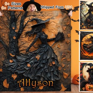 May include: A black and orange Halloween themed throw blanket with a witch flying on a broomstick in front of a tree. The blanket has the name "Allyson" written on it.