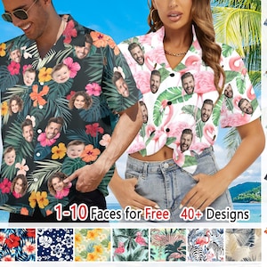 May include: Two people wearing colorful Hawaiian shirts with different patterns. The shirts feature a variety of tropical flowers and leaves. The text "1-10 Faces for Free 40+ Designs" is displayed at the bottom of the image.