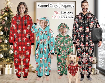 Custom Flannel Onesie Pajamas for Adults, Personalized Zipper One-Piece Hooded Pajamas w Photo, Family Christmas Onesie Pajama, Dog Face PJS
