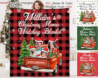 Christmas Movie Watching Blanket, Personalized Photo Blanket, Customized Family Name Blanket with Photo, Custom Christmas Gift for Family