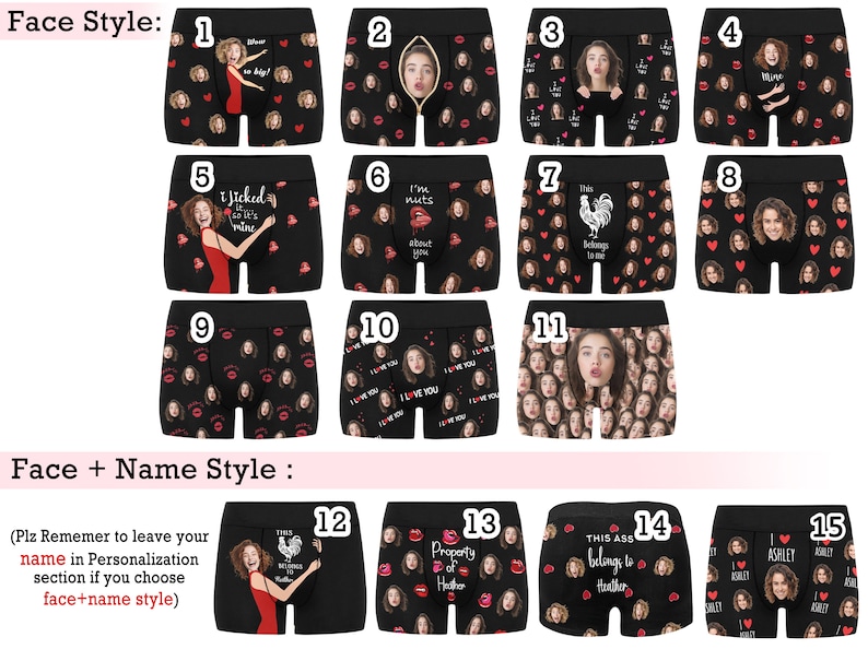 K&ouml;nnte beinhalten: Eine Collage aus 15 verschiedenen Designs f&uuml;r personalisierte Boxershorts. Jedes Design verf&uuml;gt &uuml;ber einen anderen grafischen Druck und einen Platz f&uuml;r ein Foto. Die Designs beinhalten S&auml;tze wie "Ich bin verr&uuml;ckt nach dir", "Das geh&ouml;rt mir" und "Eigentum von Heather".
