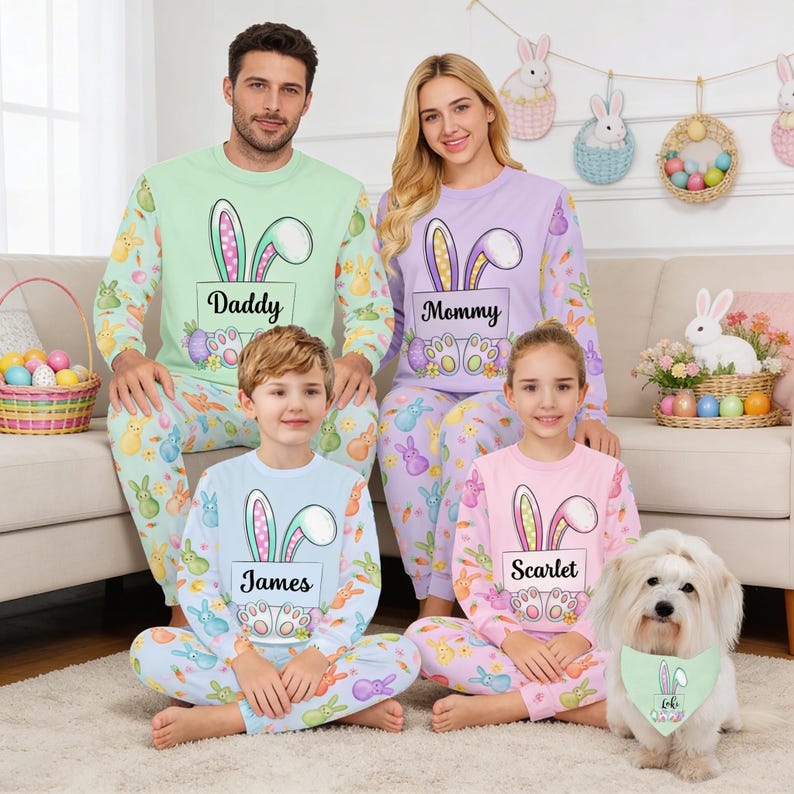Personalized Easter Bunny Pajamas Set - Custom Name Matching Family Pjs for Boys, Girls, Men & Women, 2026 Spring Sleepwear bild 1
