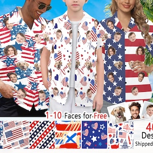 Custom Independence Day Shirt, Personalized Face Hawaiian Shirt for Men Kids Women, American Flag Hawaiian Shirt, Customize 4th of July Gift