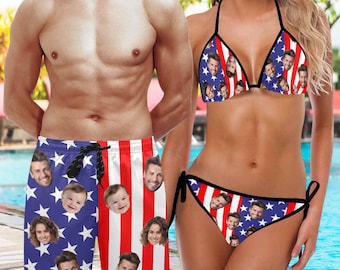 Personalized 4th of July American Flag Swimsuit, Custom Face Swimwear, Customized Independence Day Swim Trunks, Summer Holiday Bathing Suits