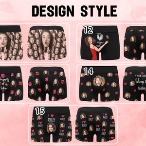 K&ouml;nnte beinhalten: Ein Set mit zehn verschiedenen Designs f&uuml;r Boxershorts. Die Designs zeigen verschiedene Bilder und Texte, darunter Gesichter, Lippen, Herzen und S&auml;tze wie "Property of Heather" und "This Ass Belongs to Heather".