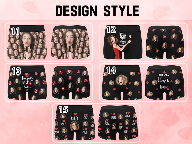 K&ouml;nnte beinhalten: Ein Set mit zehn verschiedenen Designs f&uuml;r Boxershorts. Die Designs zeigen verschiedene Bilder und Texte, darunter Gesichter, Lippen, Herzen und S&auml;tze wie "Property of Heather" und "This Ass Belongs to Heather".