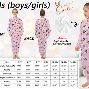 May include: Pink kids' pajama set with a repeating pattern of faces wearing bunny ears. The long-sleeved top and pants are made of high-quality polyester fabric. The front and back views are shown, along with a size chart.