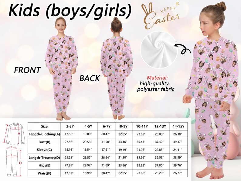 May include: Pink kids' pajama set with a repeating pattern of faces wearing bunny ears. The long-sleeved top and pants are made of high-quality polyester fabric. The front and back views are shown, along with a size chart.