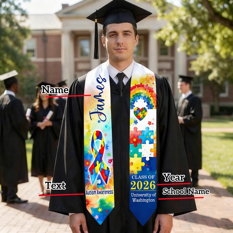 Custom Autism Theme Graduation Stole for Kids or Adults, Custom Name ...