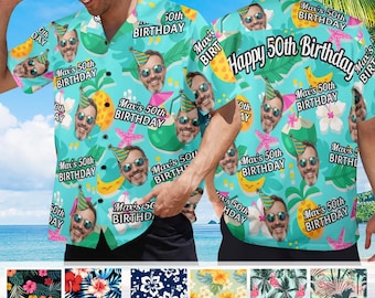 Custom Birthday Hawaiian Shirt with Face Text, Personalized Birthday Party Gift, Photo Aloha Shirt