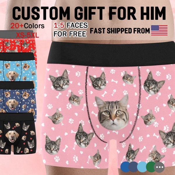 Custom Cat Face Boxer Briefs for Men, Cat Face Boxer, Underwear with Pet Face, Valentines Day Gift for Husband/Boyfriend/Dad