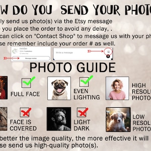 K&ouml;nnte beinhalten: Ein Leitfaden zum Senden von Fotos f&uuml;r individuelle Bestellungen. Der Leitfaden zeigt Beispiele f&uuml;r gute und schlechte Fotos. Der Text lautet "Wie senden Sie Ihr Foto?" und "Je besser die Bildqualit&auml;t, desto effektiver wird das Ergebnis. Bitte senden Sie uns Fotos in hoher Qualit&auml;t."