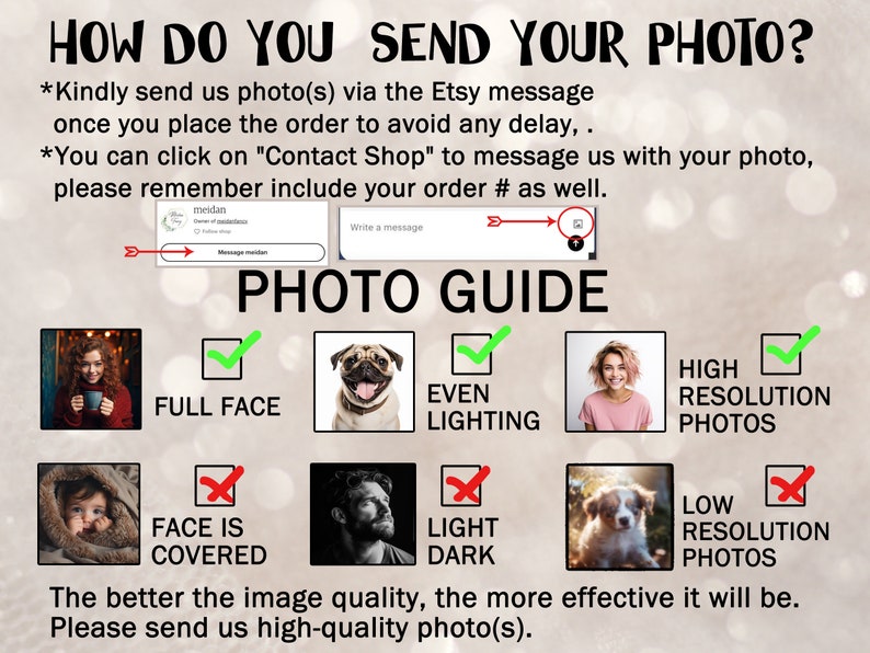 K&ouml;nnte beinhalten: Ein Leitfaden zum Senden von Fotos f&uuml;r individuelle Bestellungen. Der Leitfaden zeigt Beispiele f&uuml;r gute und schlechte Fotos. Der Text lautet "Wie senden Sie Ihr Foto?" und "Je besser die Bildqualit&auml;t, desto effektiver wird das Ergebnis. Bitte senden Sie uns Fotos in hoher Qualit&auml;t."