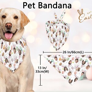 May include: A white pet bandana with a custom Easter design. The bandana features a repeating pattern of faces, Easter eggs, and bunny ears. The bandana measures 26 inches (66cm) long and 13 inches (33cm) wide. The words "Pet Bandana" and "Happy Easter" are visible.