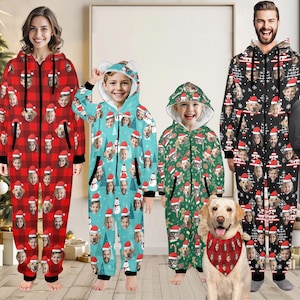 Custom Flannel Hooded Zipper Pajamas, Personalized One-Piece Matching Family Christmas Pajama, Custom Pet Face PJS