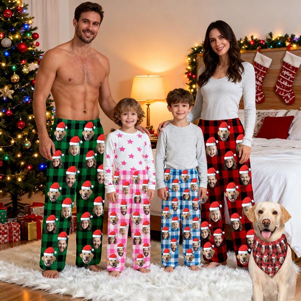 Custom Photo Fleece Pajama Pants for Adults & Kids, Personalized Pet or Face Print on Sleepwear, Christmas Family Matching Pj Bottoms