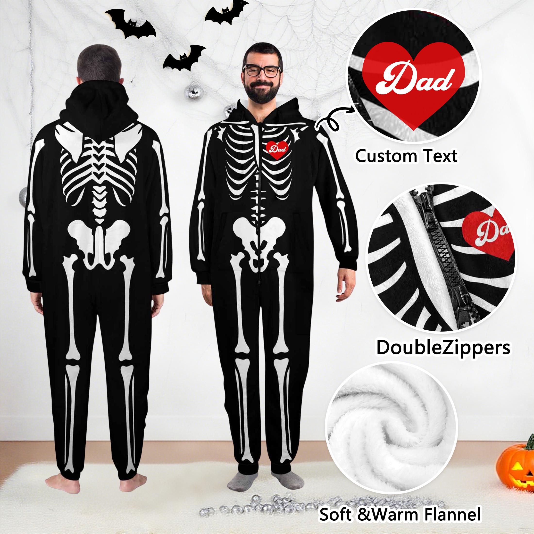 Discover Custom Matching Skeleton Onesie Pajamas, Flannel Hooded Zippered Family Sleepwear Set, Funny Halloween Costume for Adults Kids & Dogs