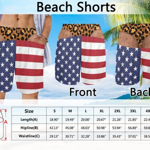 May include: Beach shorts featuring a leopard print waistband and a split design with the American flag pattern on the left and red and white stripes on the right. Includes a size chart with measurements in inches for lengths, hiplines, and waistlines.