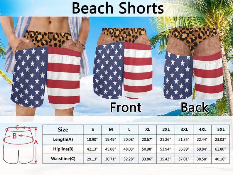 May include: Beach shorts featuring a leopard print waistband and a split design with the American flag pattern on the left and red and white stripes on the right. Includes a size chart with measurements in inches for lengths, hiplines, and waistlines.