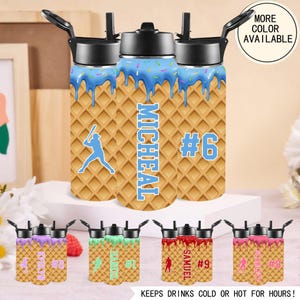 Custom Ice Cream Drip Baseball Water Bottle for Boys, Insulated Baseball Team Water Bottle with Name Number, Back to School Team Gift 18 Oz