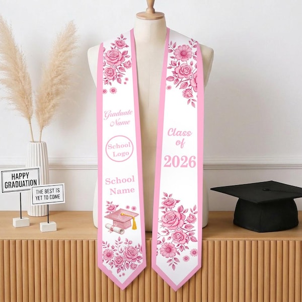 Custom Graduation Stole with Name & Logo, Personalized School Color Grad Sash, Class of 2026