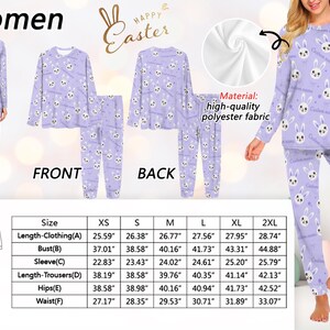 Puede incluir: Conjunto de pijama lila con un estampado de conejos y estrellas. El conjunto incluye una camiseta de manga larga y pantalones a juego. El texto "Happy Easter" es visible. Fabricado con poli&eacute;ster de alta calidad.