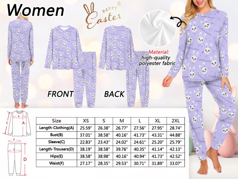 Puede incluir: Conjunto de pijama lila con un estampado de conejos y estrellas. El conjunto incluye una camiseta de manga larga y pantalones a juego. El texto "Happy Easter" es visible. Fabricado con poli&eacute;ster de alta calidad.