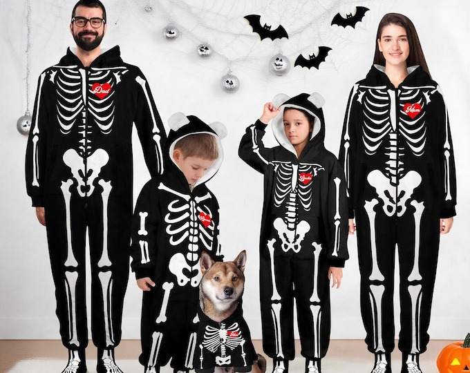 Custom Skeleton Flannel Hooded Zipper Pajamas, Matching Family Sleepwear Set, Funny Halloween Costume for Adults Kids & Dogs