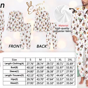 May include: White Easter-themed pajama set with a pattern of faces, bunny ears, and Easter eggs. The set includes a long-sleeved top and matching pants. The text "Happy Easter" is visible. Made of high-quality polyester fabric.