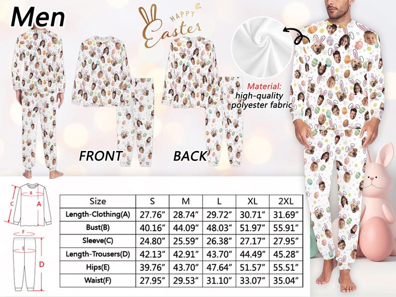 May include: White Easter-themed pajama set with a pattern of faces, bunny ears, and Easter eggs. The set includes a long-sleeved top and matching pants. The text "Happy Easter" is visible. Made of high-quality polyester fabric.
