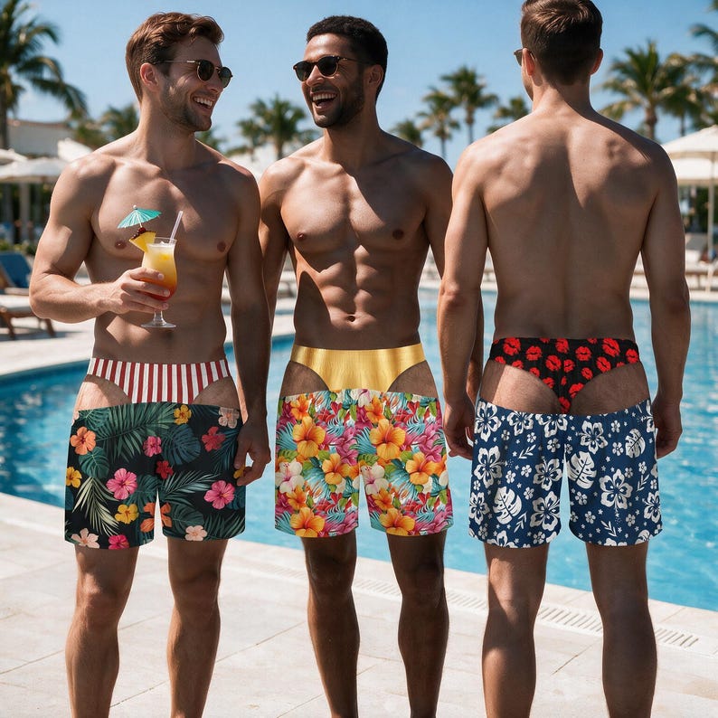 May include: Three sets of swim trunks featuring high-cut waistbands and tropical floral patterns. One pair has red and white stripes with a black floral print, another has a gold waistband with colourful flowers, and the third has a red lip print.