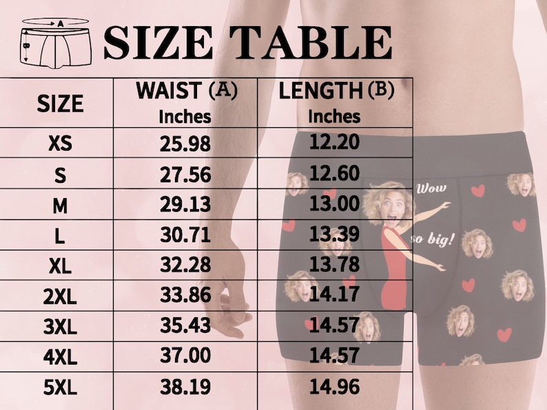 K&ouml;nnte beinhalten: Gr&ouml;&szlig;entabelle f&uuml;r Unterw&auml;sche mit Taillen- und L&auml;ngenma&szlig;en in Zoll. Die Tabelle zeigt die Gr&ouml;&szlig;en XS bis 5XL mit den entsprechenden Taillen- und L&auml;ngenma&szlig;en.